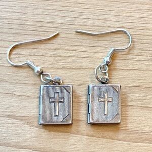 Earrings - Bible Book Locket - Religious Cross Bible Book Dangles - Book Opens